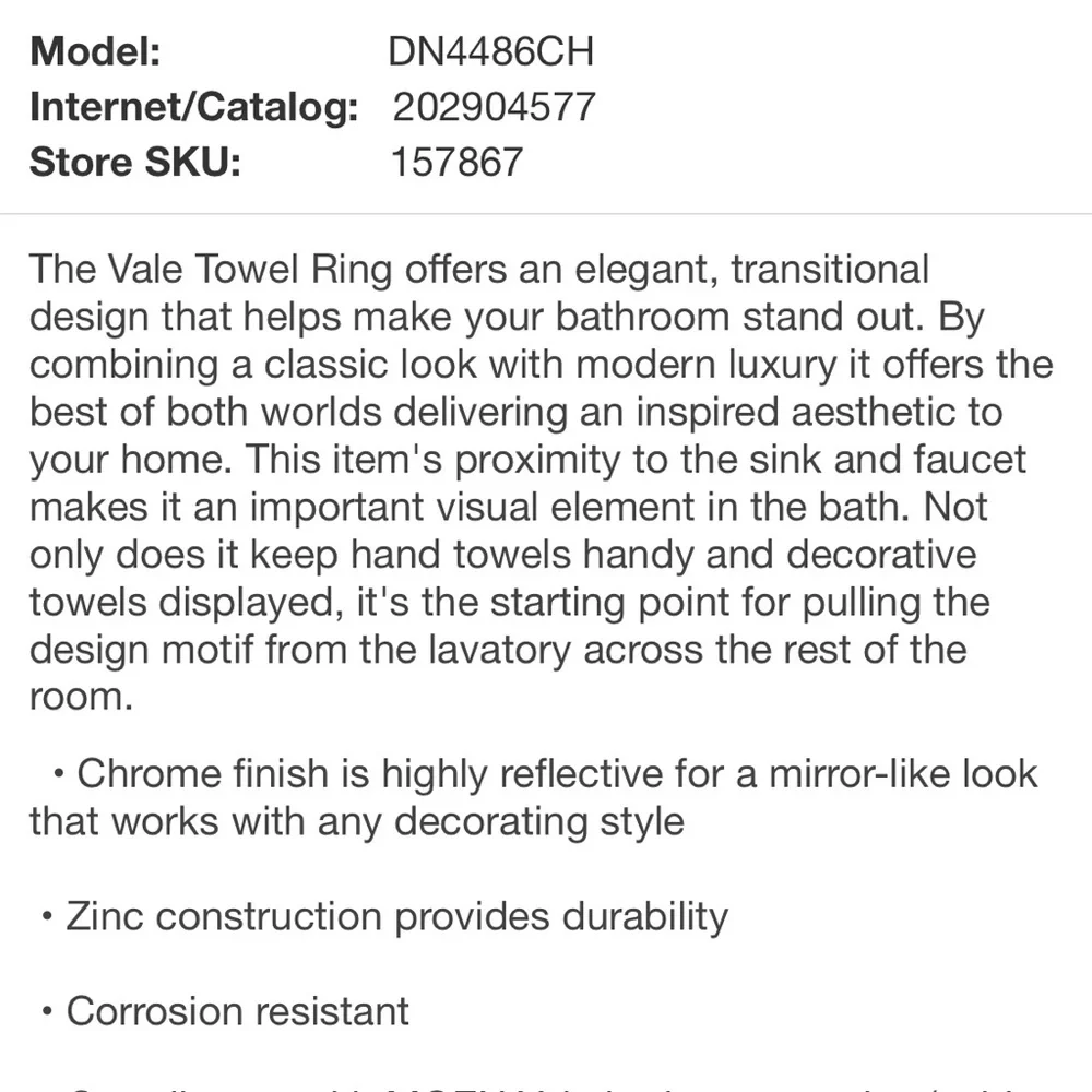 Moen Vale towel ring Chrome finish new with box bathroom accessories
